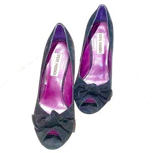 Black suede peep toe heels with bow detail